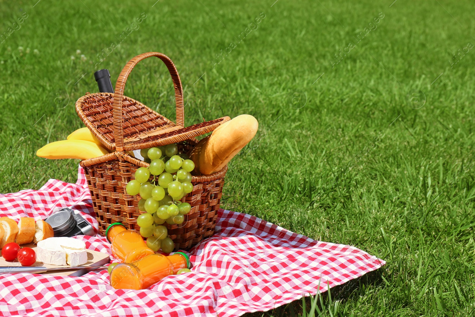 Photo of Basket with food on blanket prepared for picnic in park