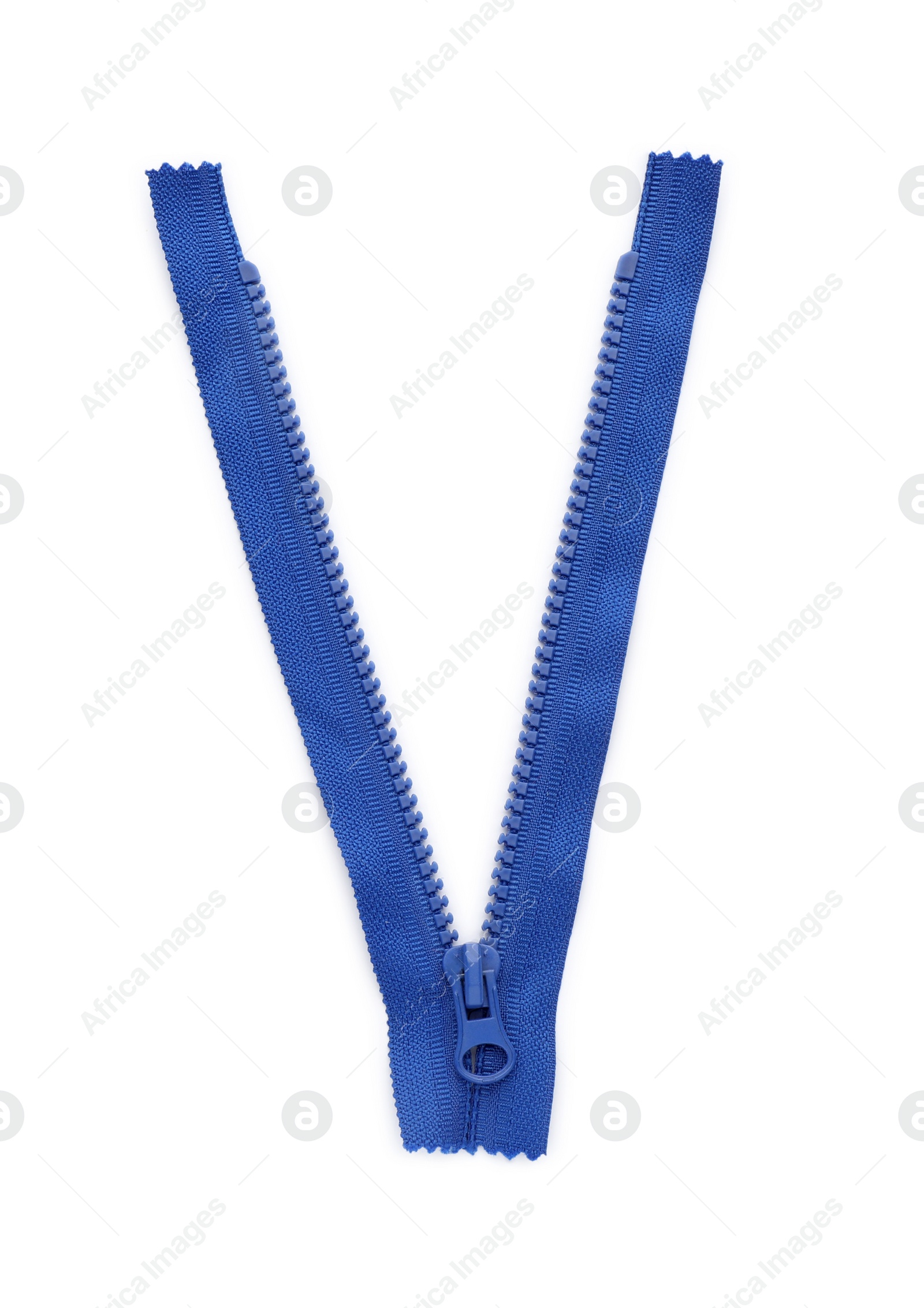 Photo of Blue zipper isolated on white, top view