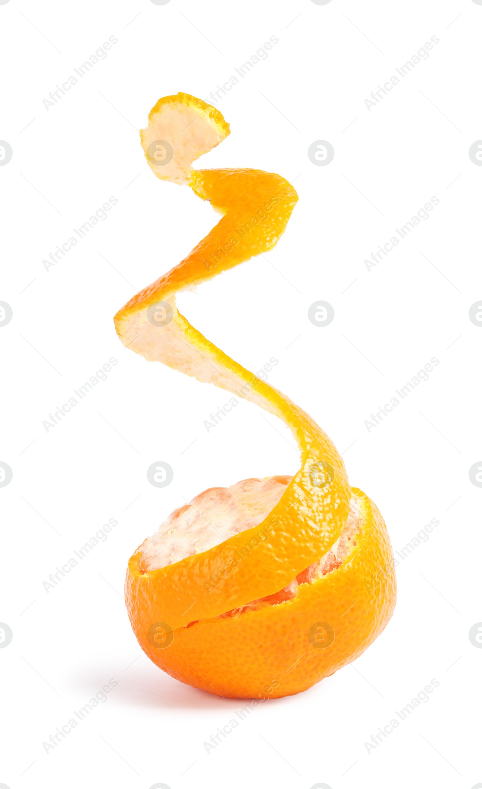 Photo of Peel and ripe tangerine on white background. Citrus fruit