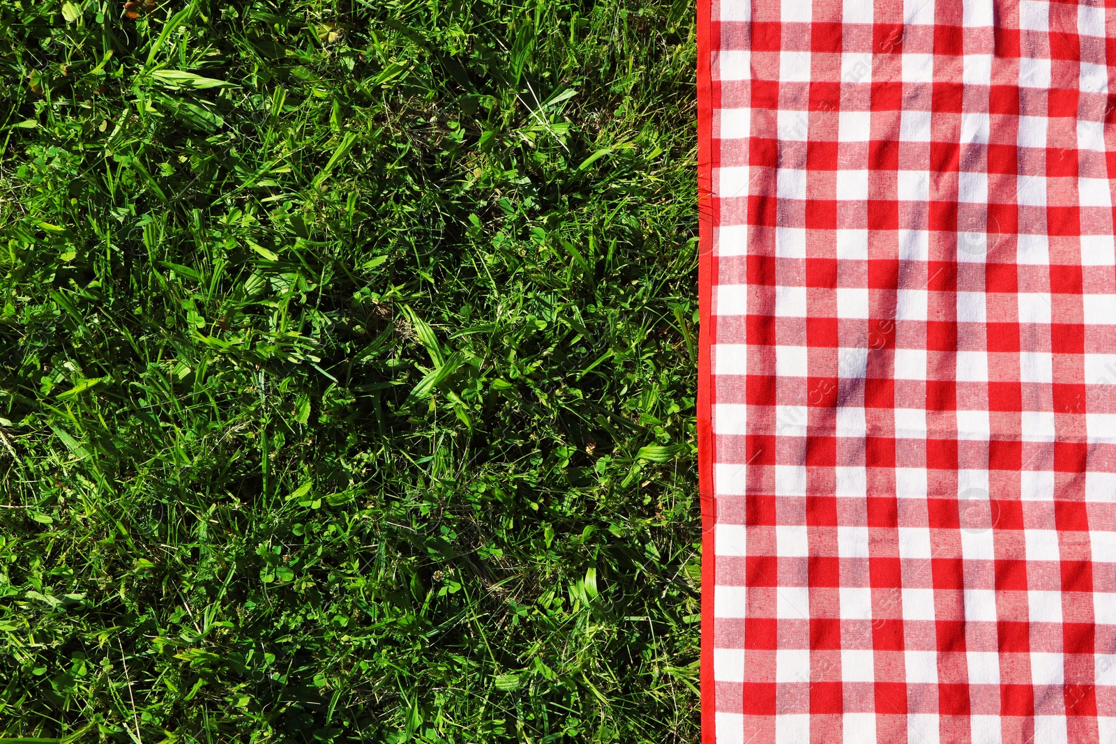 Photo of Checkered picnic tablecloth on fresh green grass, top view. Space for text