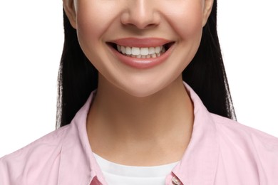 Photo of Woman with clean teeth smiling on white background, closeup