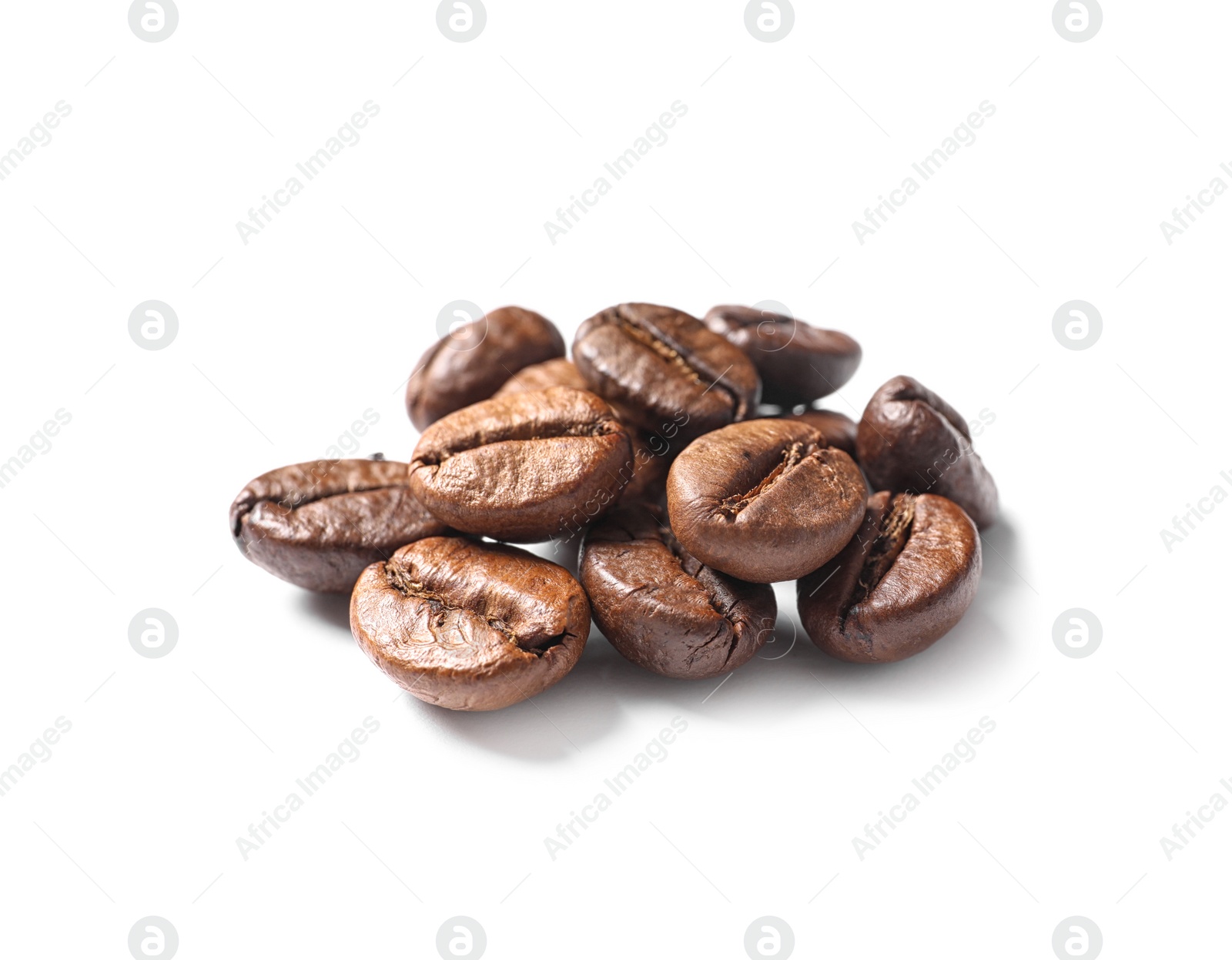 Photo of Pile of roasted coffee beans on white background