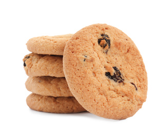 Delicious cookies with raisins on white background