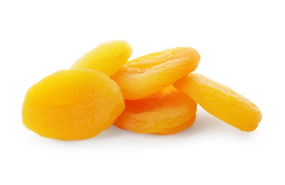 Photo of Pile of dried apricots on white background