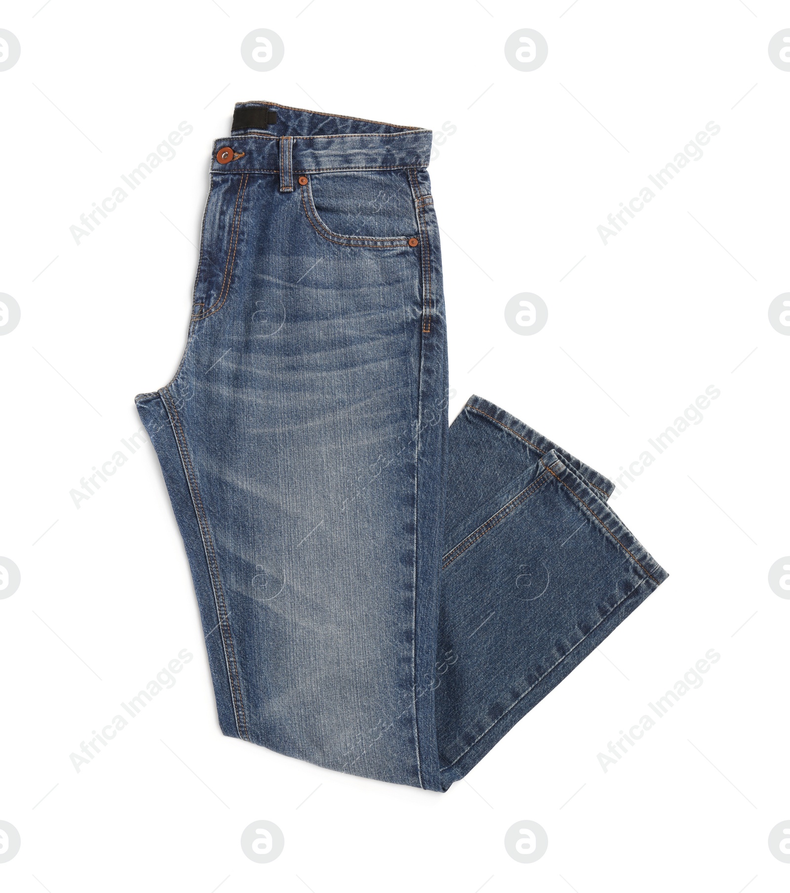 Photo of Blue jeans isolated on white, top view. Stylish clothes