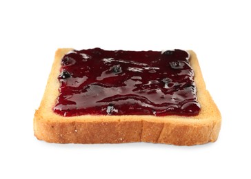 Toast with tasty blueberry jam on white background