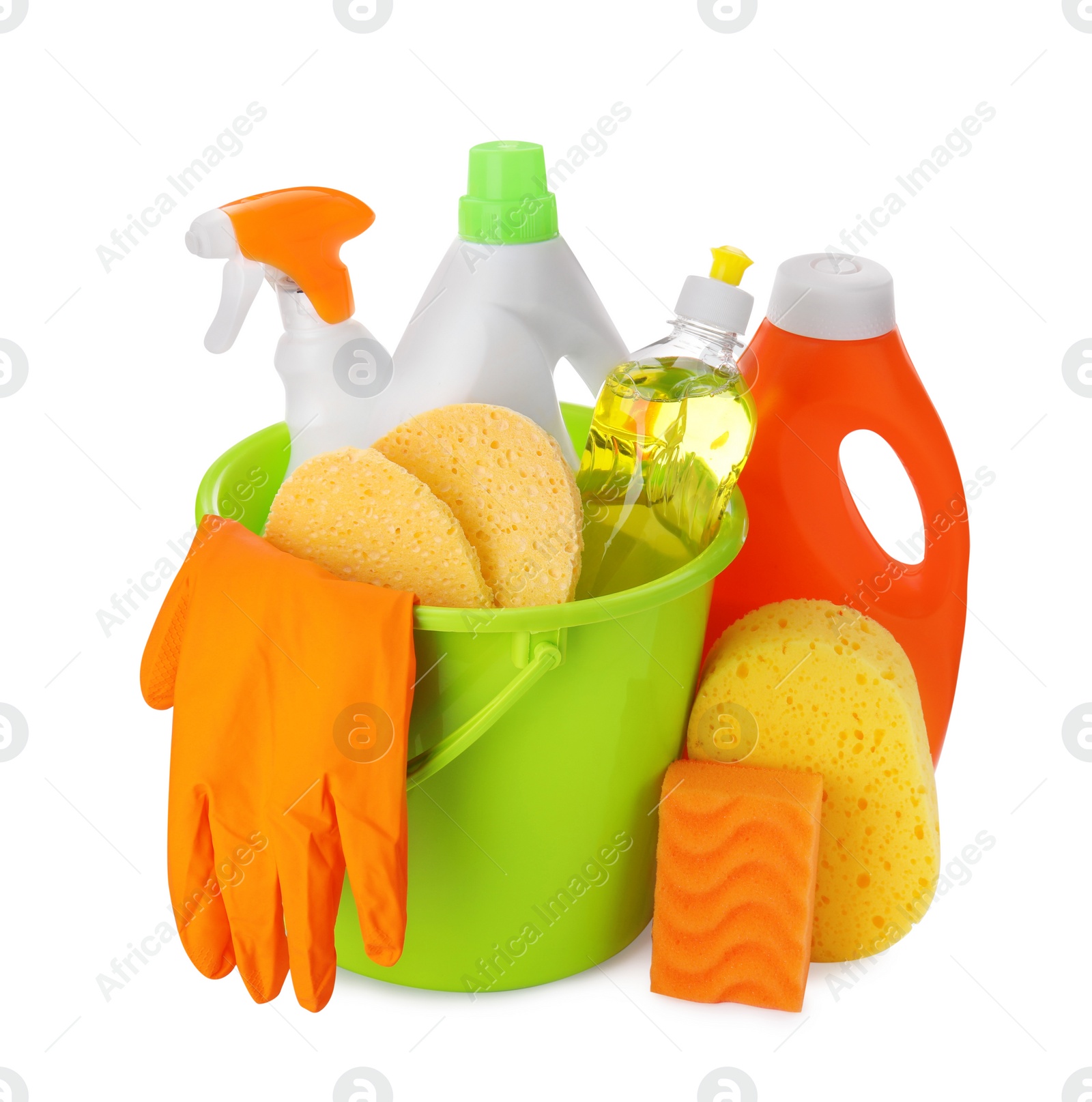 Photo of Green bucket with gloves, detergents and sponges isolated on white