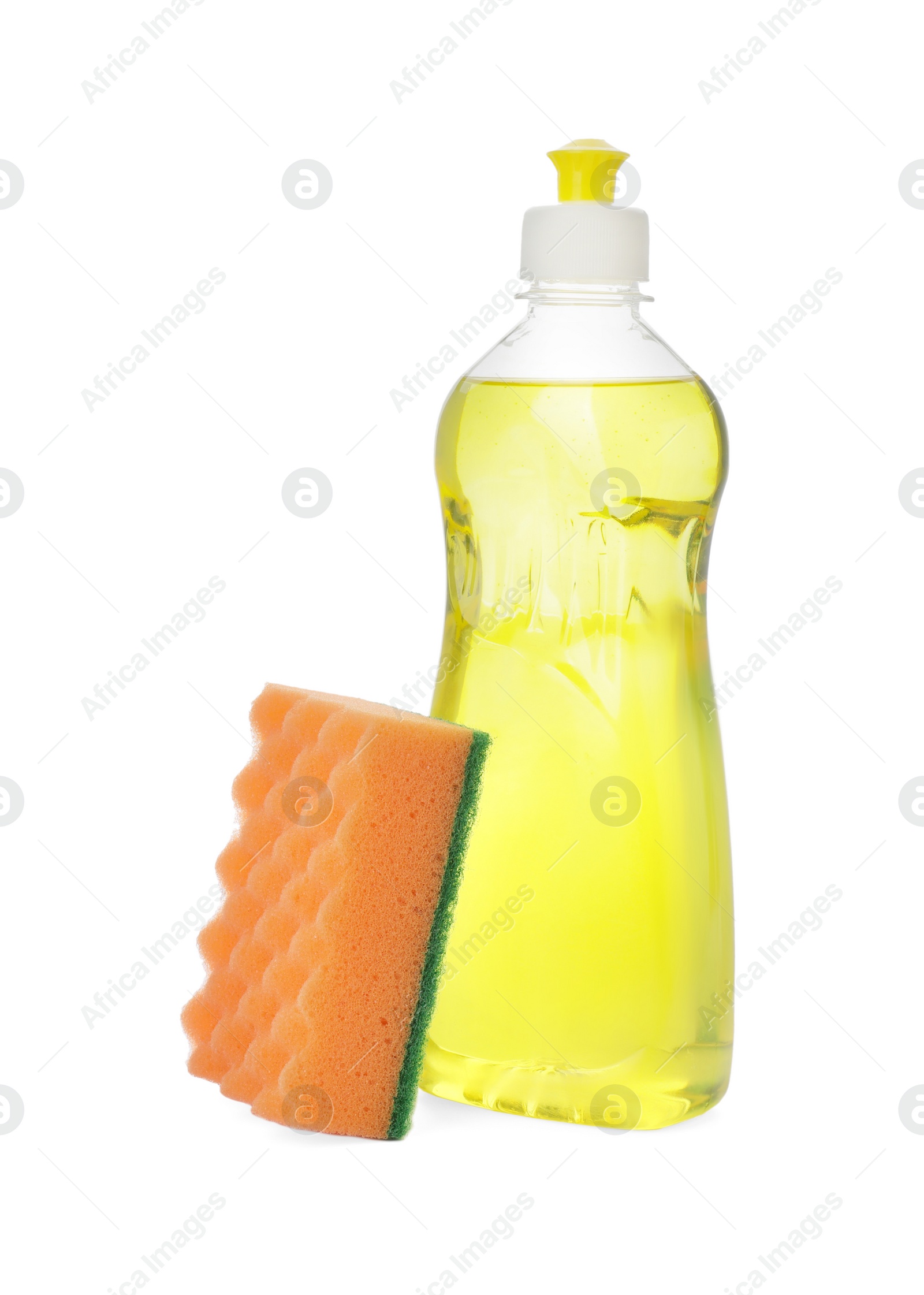 Photo of Bottle of detergent and cleaning sponge on white background