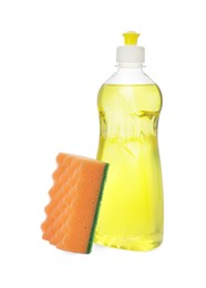 Photo of Bottle of detergent and cleaning sponge on white background