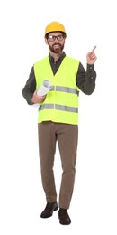 Architect in hard hat with draft pointing at something on white background