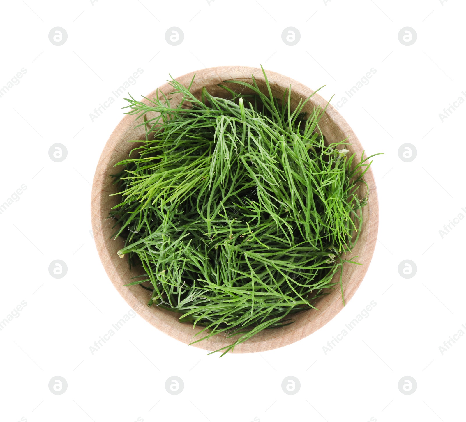 Photo of Bowl of fresh dill isolated on white, top view