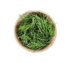 Photo of Bowl of fresh dill isolated on white, top view