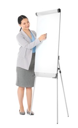 Photo of Business trainer giving presentation on flip chart board against white background