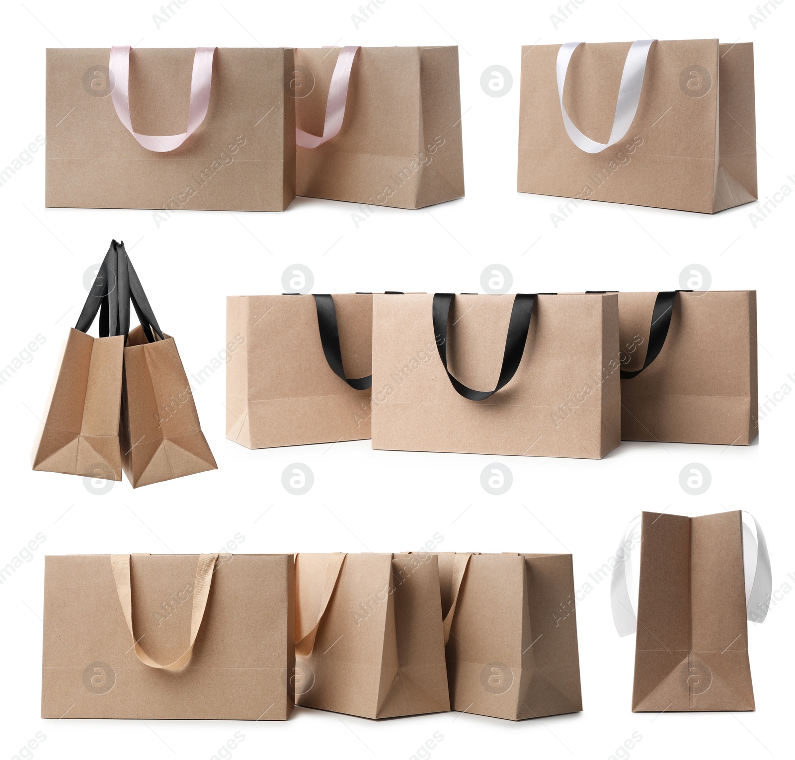 Image of Set with kraft paper shopping bags on white background