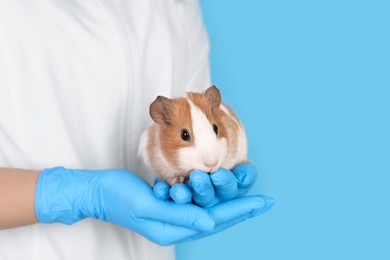 Photo of Scientist holding guinea pig on light blue background, closeup. Animal testing concept