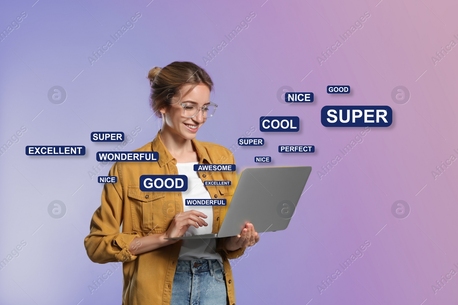 Image of Woman using laptop to give feedback on color background. Customer review