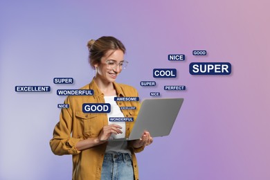 Image of Woman using laptop to give feedback on color background. Customer review