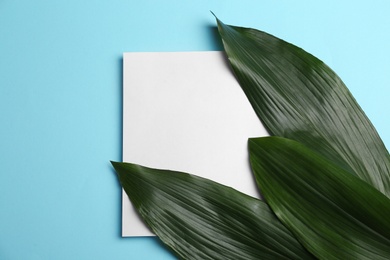 Photo of Blank card with tropical leaves on color background, top view