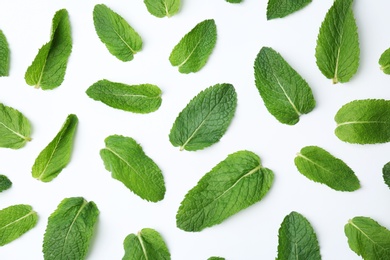 Photo of Flat lay composition with fresh green mint leaves on white background