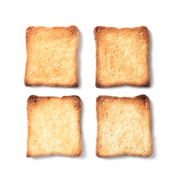 Toasted bread on white background, top view