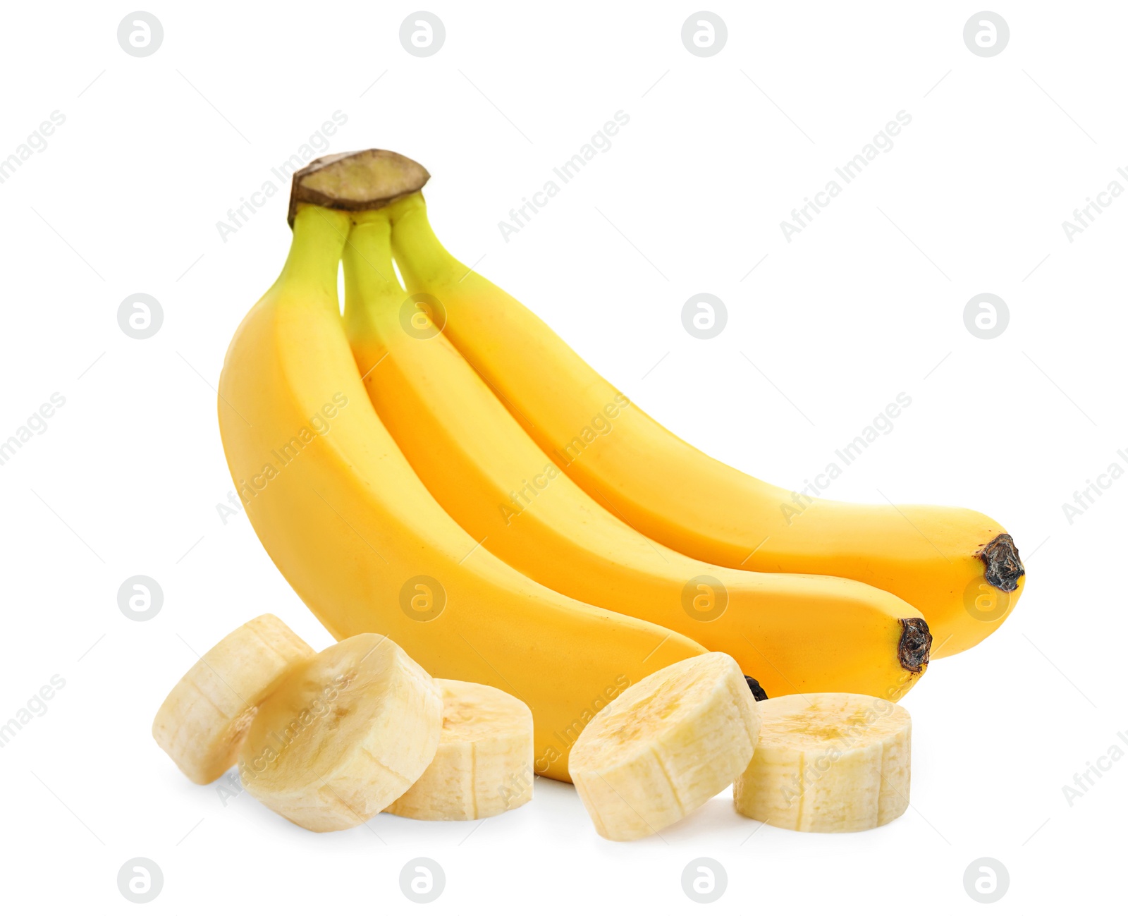 Image of Delicious ripe bananas and pieces on white background