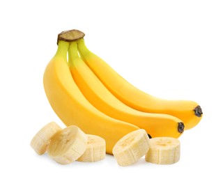 Image of Delicious ripe bananas and pieces on white background