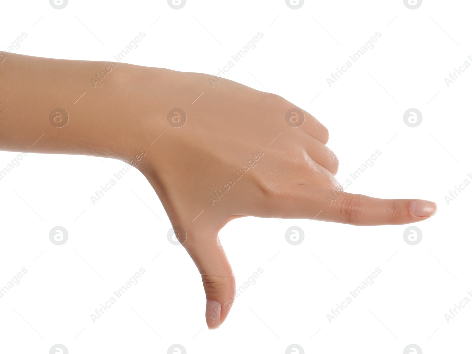 Photo of Woman making frame with hand on white background, closeup