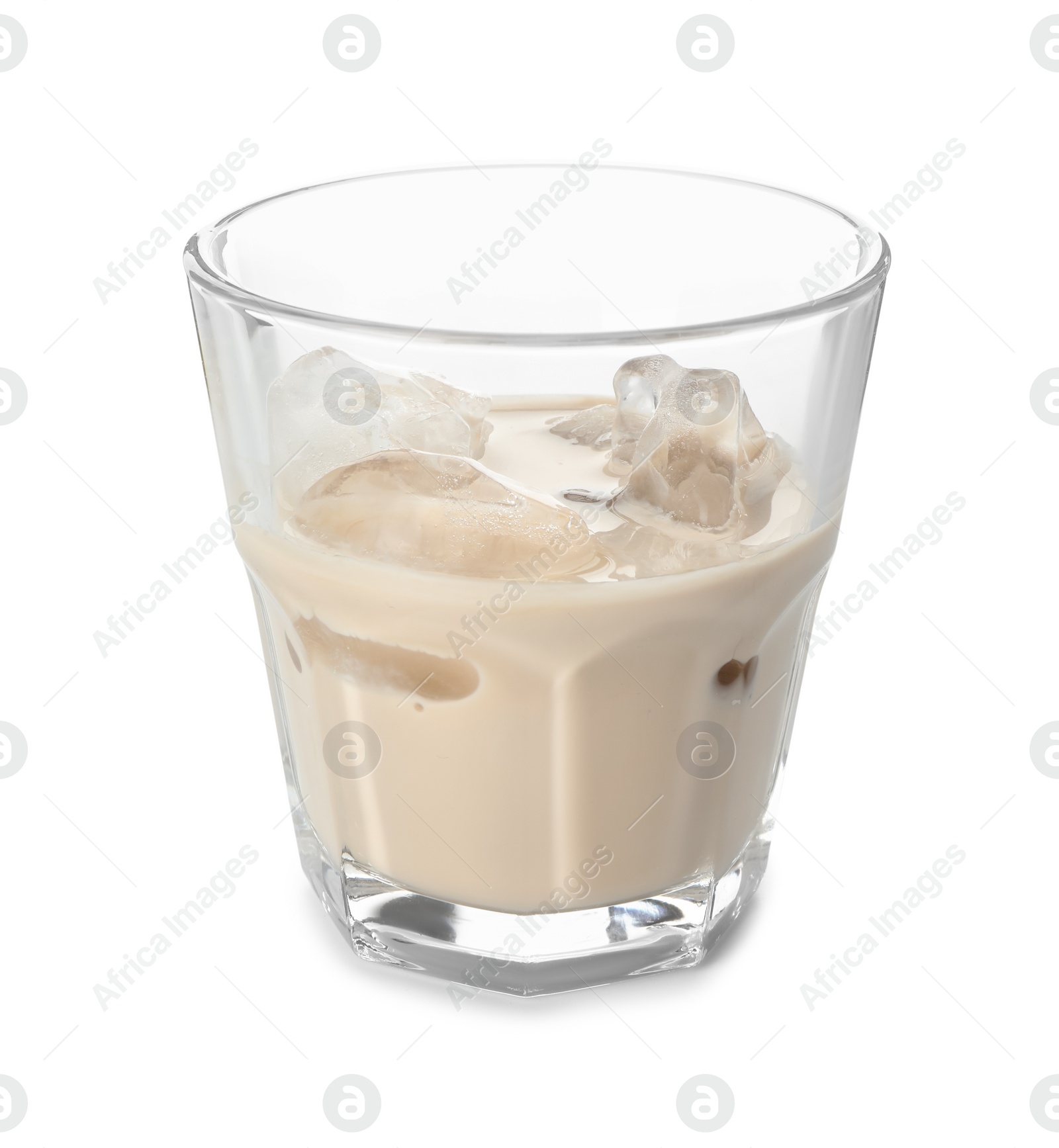 Photo of Glass of coffee cream liqueur with ice cubes isolated on white