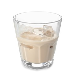 Glass of coffee cream liqueur with ice cubes isolated on white