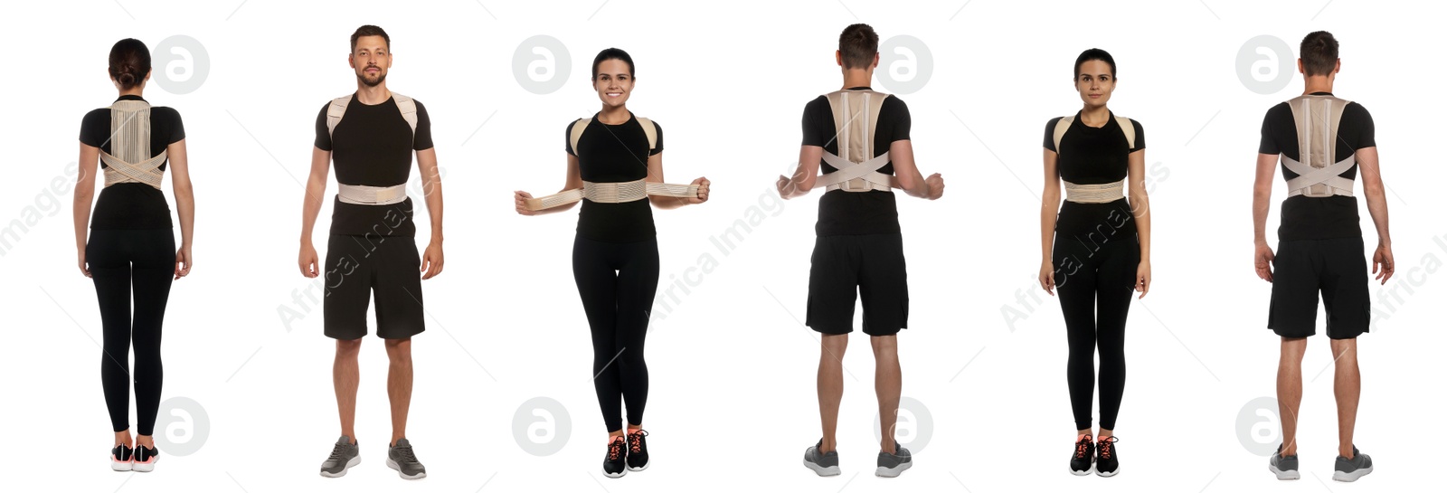 Image of Collage with photos of people with orthopedic corsets on white background. Banner design