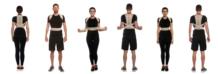 Image of Collage with photos of people with orthopedic corsets on white background. Banner design