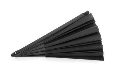 Photo of Stylish black hand fan isolated on white
