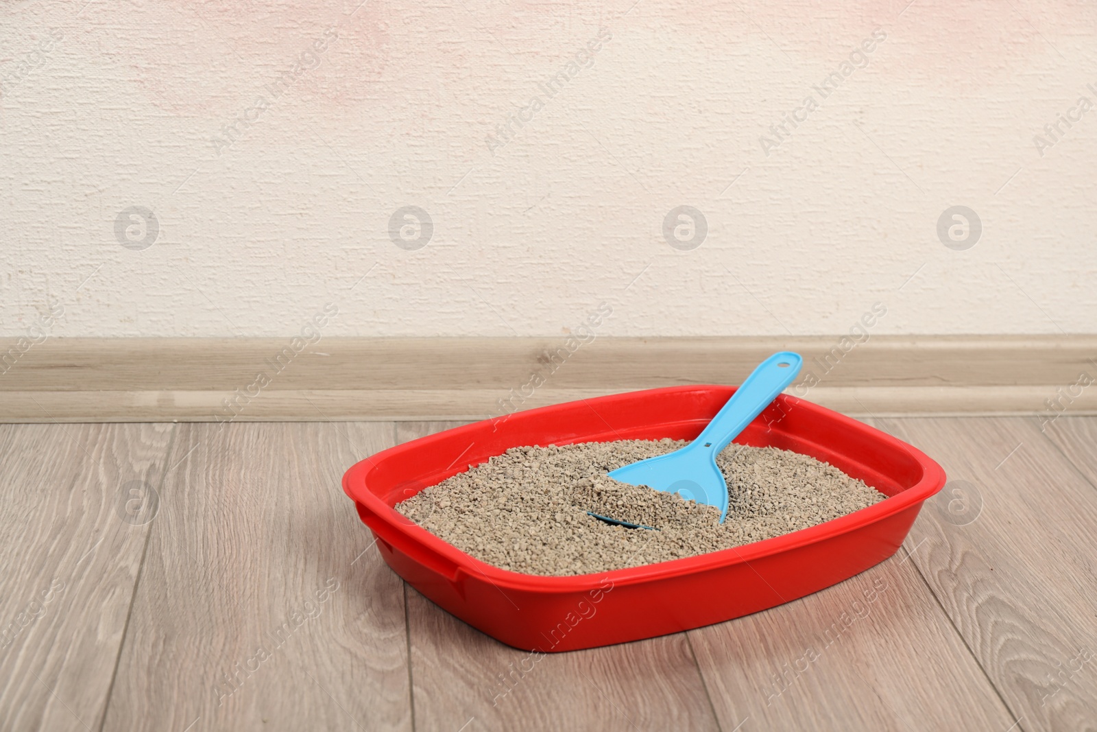 Photo of Cat tray with clumping litter and scoop on floor near pink wall. Space for text