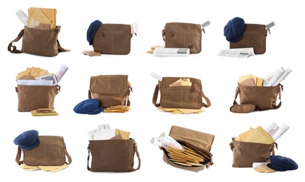 Set with different postman's bags with mails and newspapers on white background
