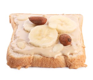 Photo of Toast with tasty nut butter, banana slices and almonds isolated on white