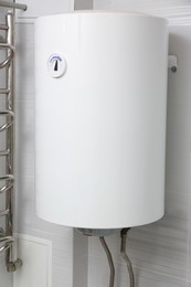 Photo of White boiler with temperature control indicator indoors