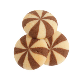 Sweet delicious striped cookies on white background
