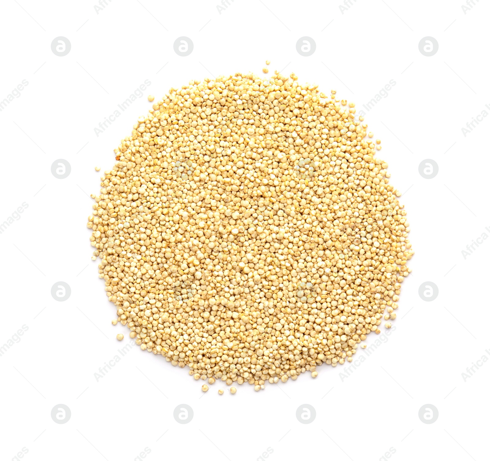 Photo of Pile of raw quinoa on white background, top view