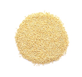 Photo of Pile of raw quinoa on white background, top view