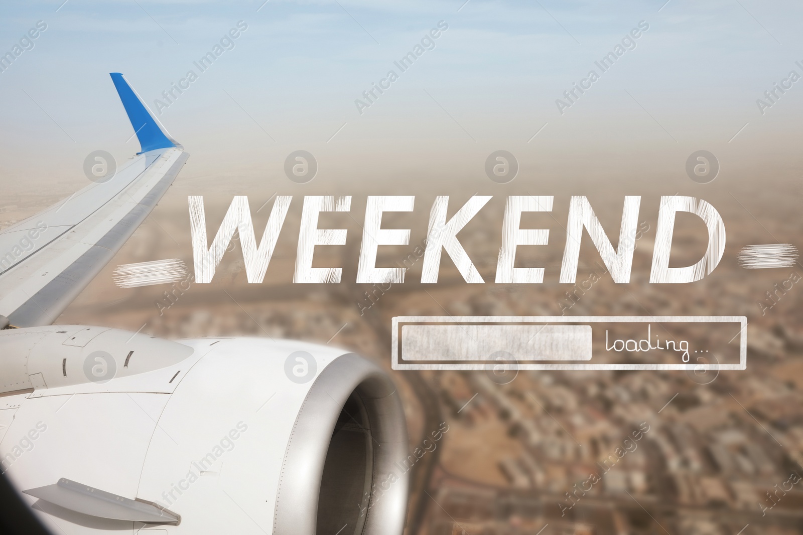 Image of Weekend coming soon. Illustration of progress bar and panoramic view of city from plane