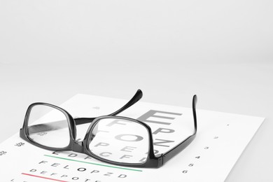 Photo of Glasses and vision test chart isolated on white