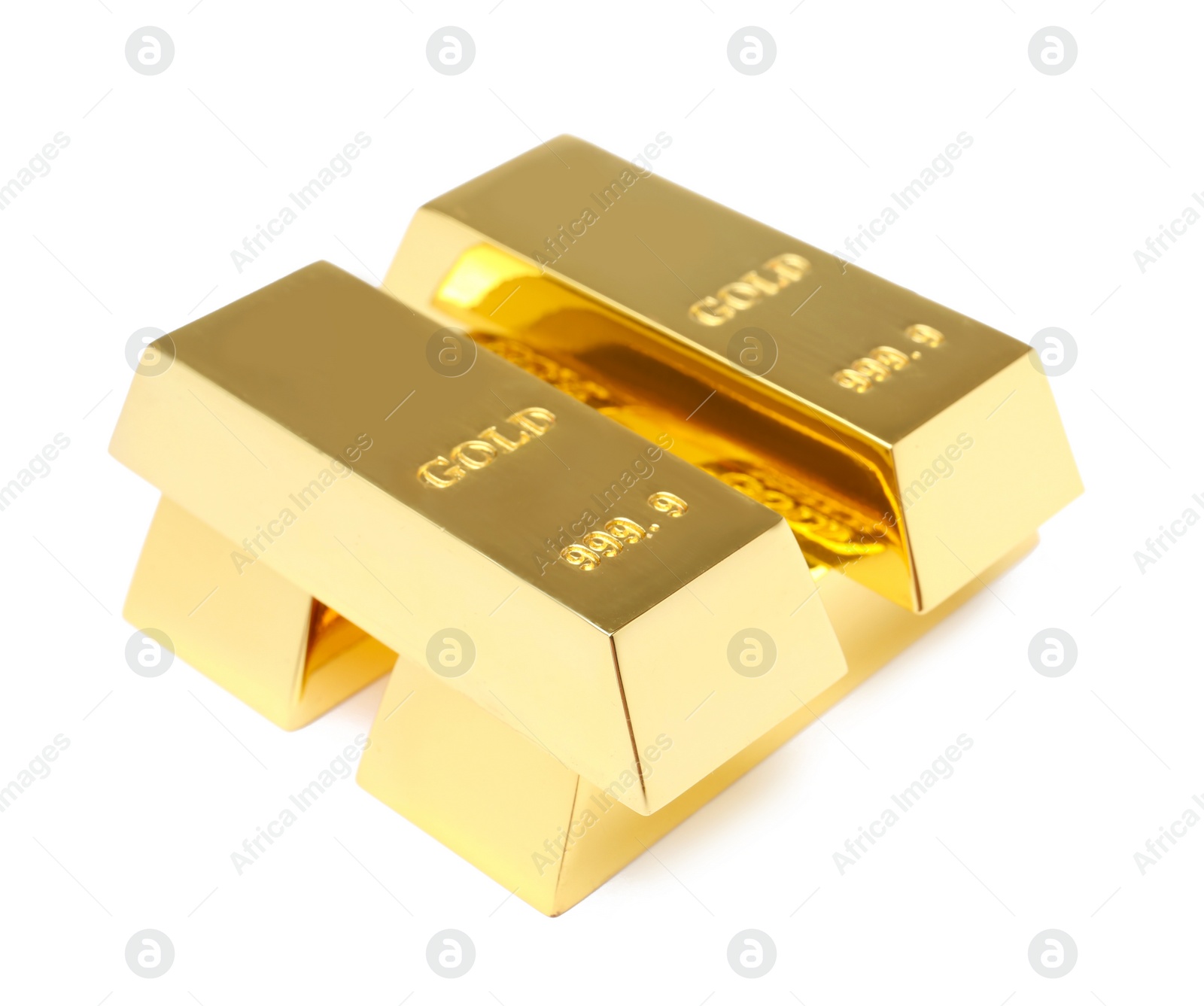 Photo of Precious shiny gold bars on white background