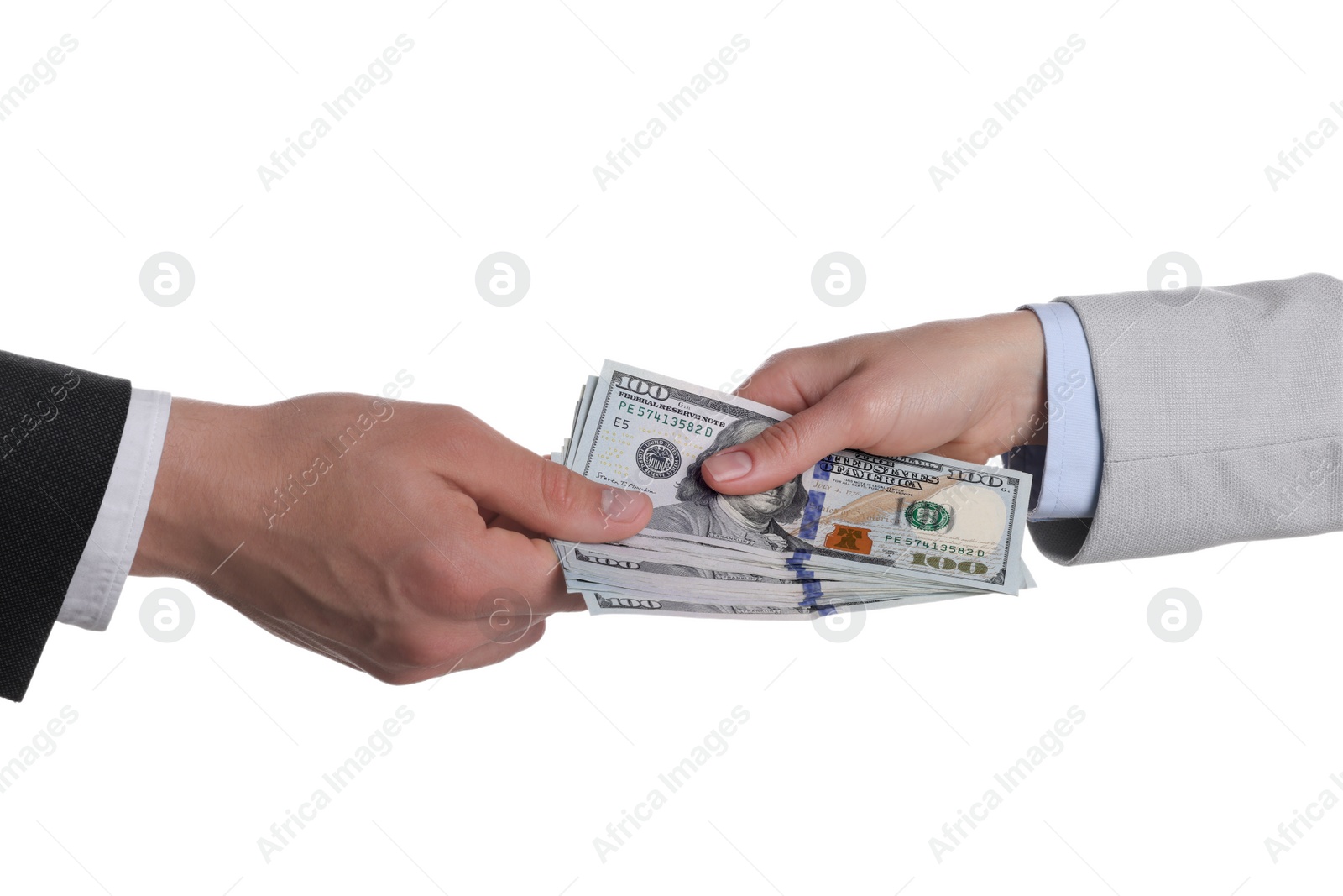 Photo of Money exchange. Man giving dollar banknotes to woman on white background, closeup