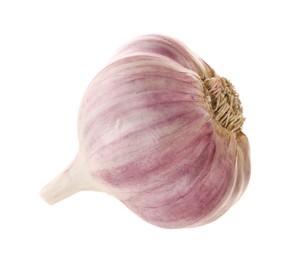 Photo of Unpeeled head of fresh garlic isolated on white