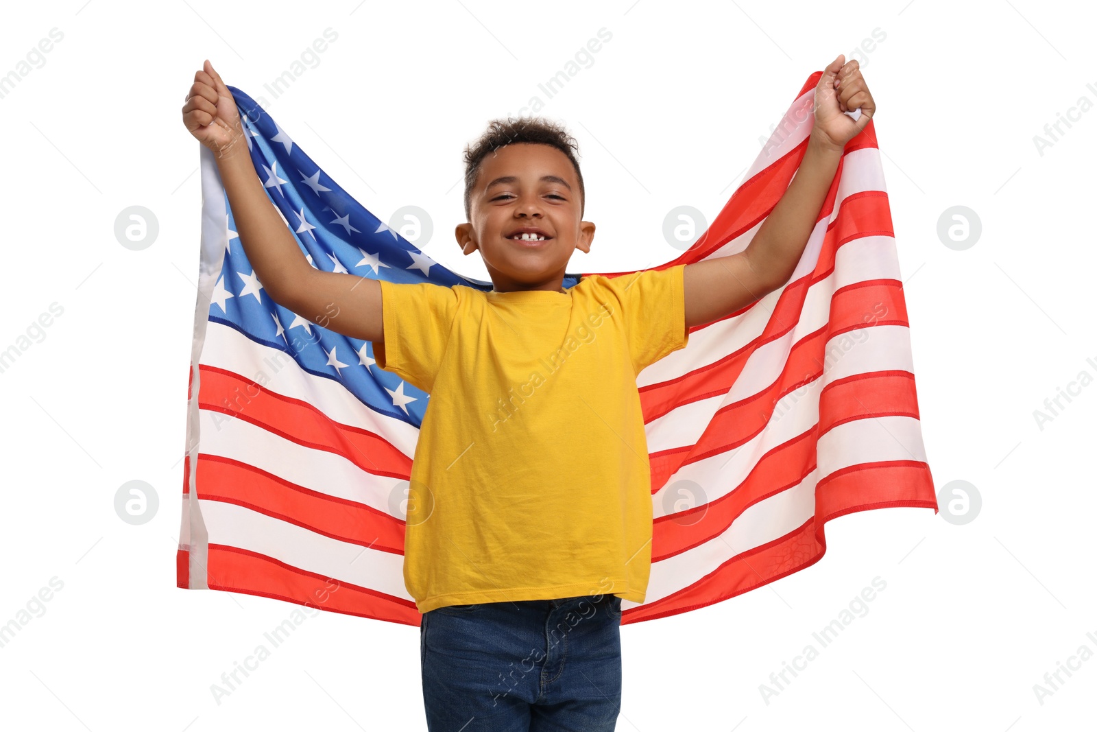 Photo of 4th of July - Independence Day of USA. Happy boy with American flag on white background