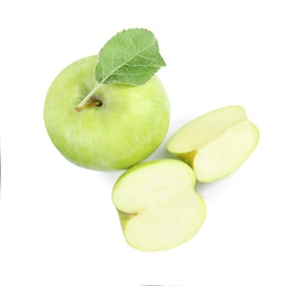 Photo of Fresh ripe green apples with leaf on white background, top view