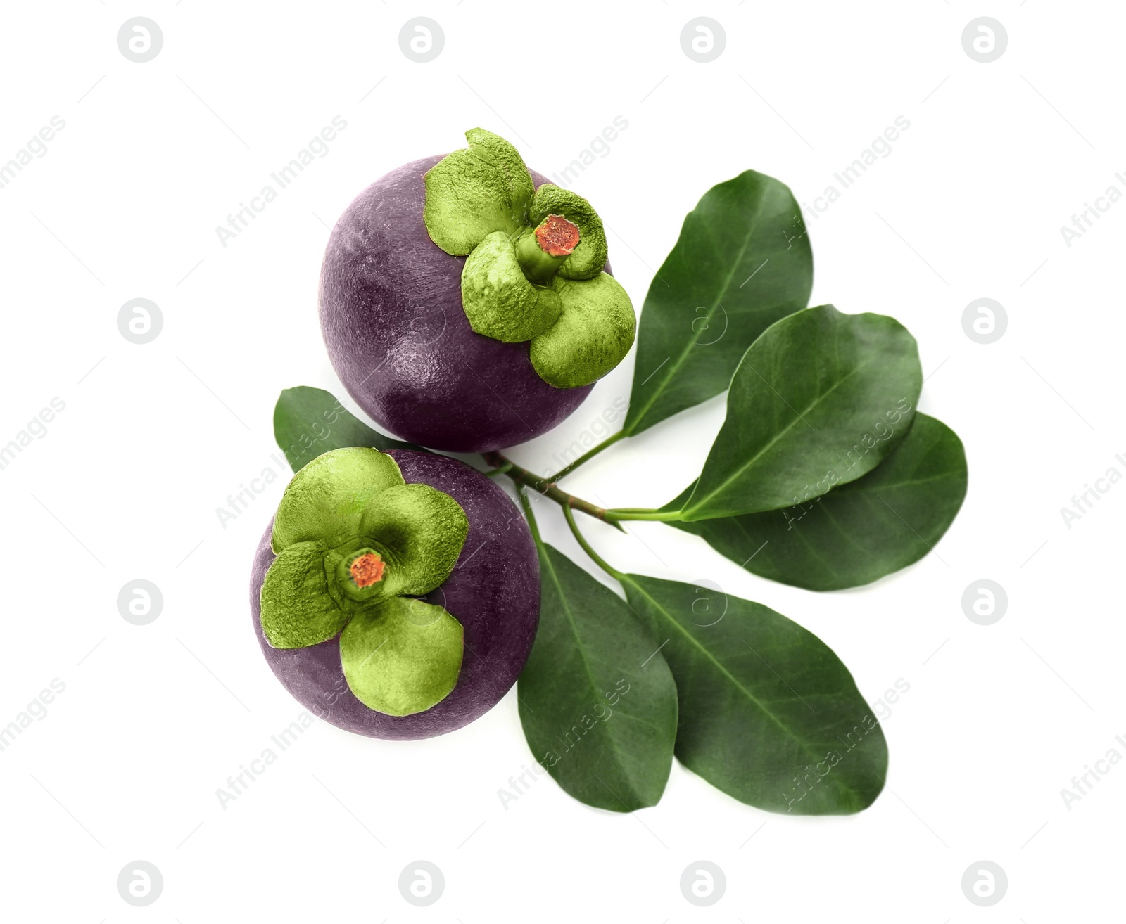 Photo of Delicious ripe mangosteens and green leaves on white background, top view