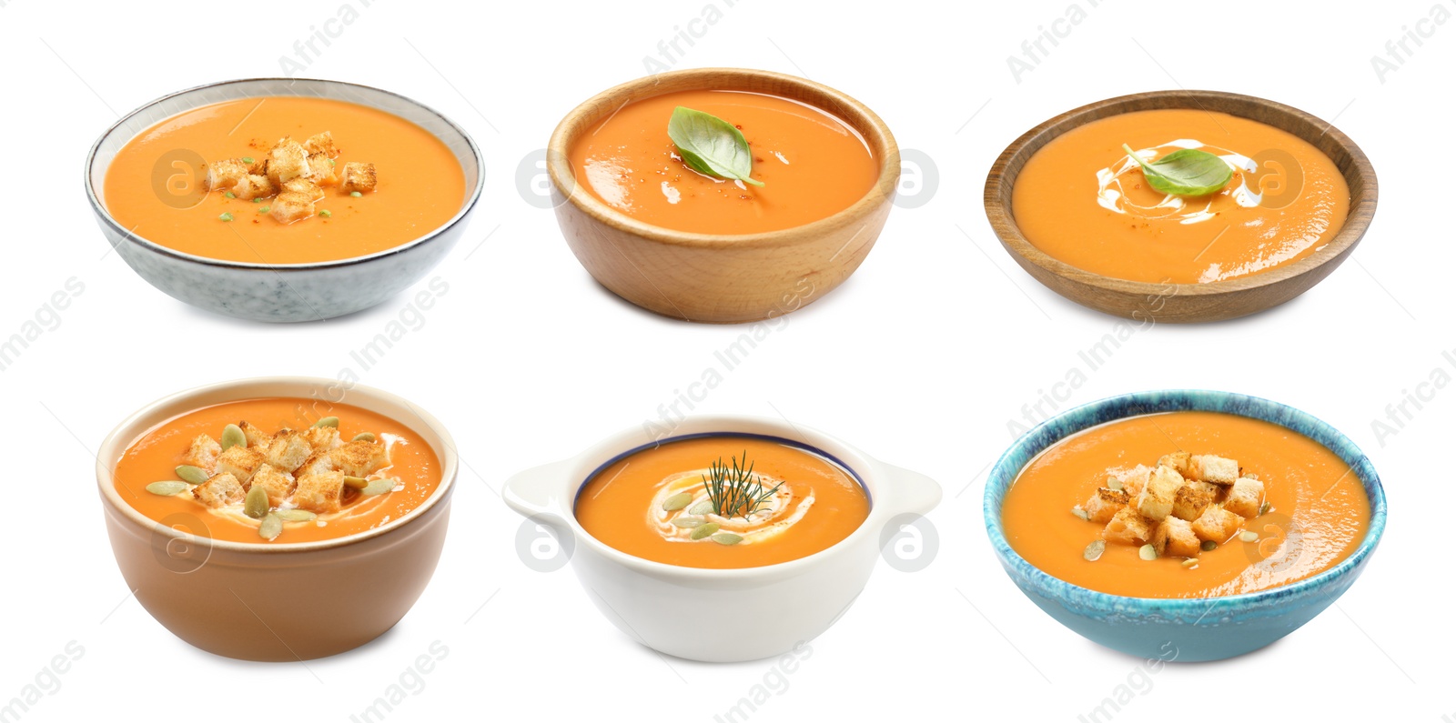 Image of Set of fresh pumpkin soups on white background, banner design