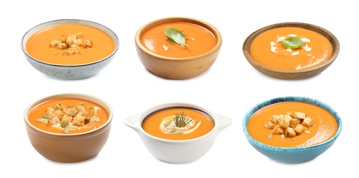 Image of Set of fresh pumpkin soups on white background, banner design