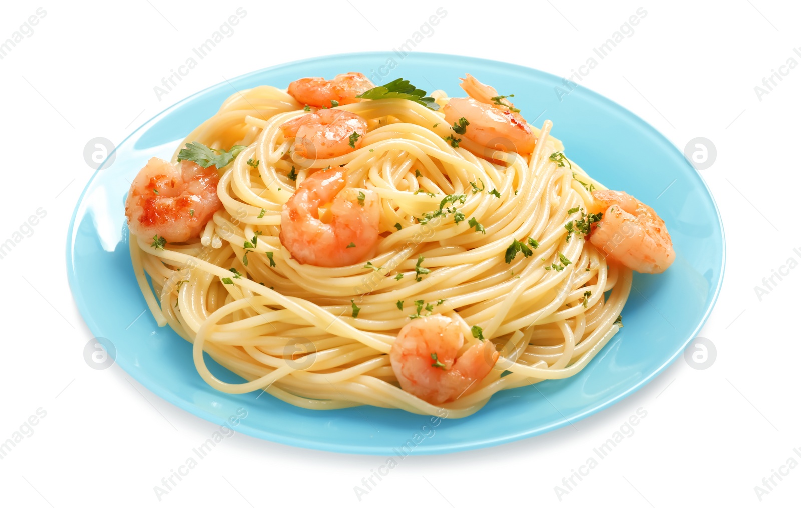 Photo of Plate with spaghetti and shrimps on white background